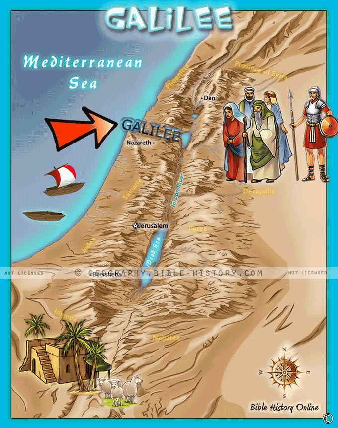 Map of the region of Galilee where Jesus lived and performed many miracles.