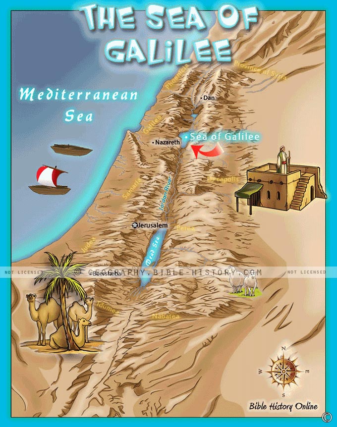 Map of the Sea of Galilee where Jesus performed many miracles