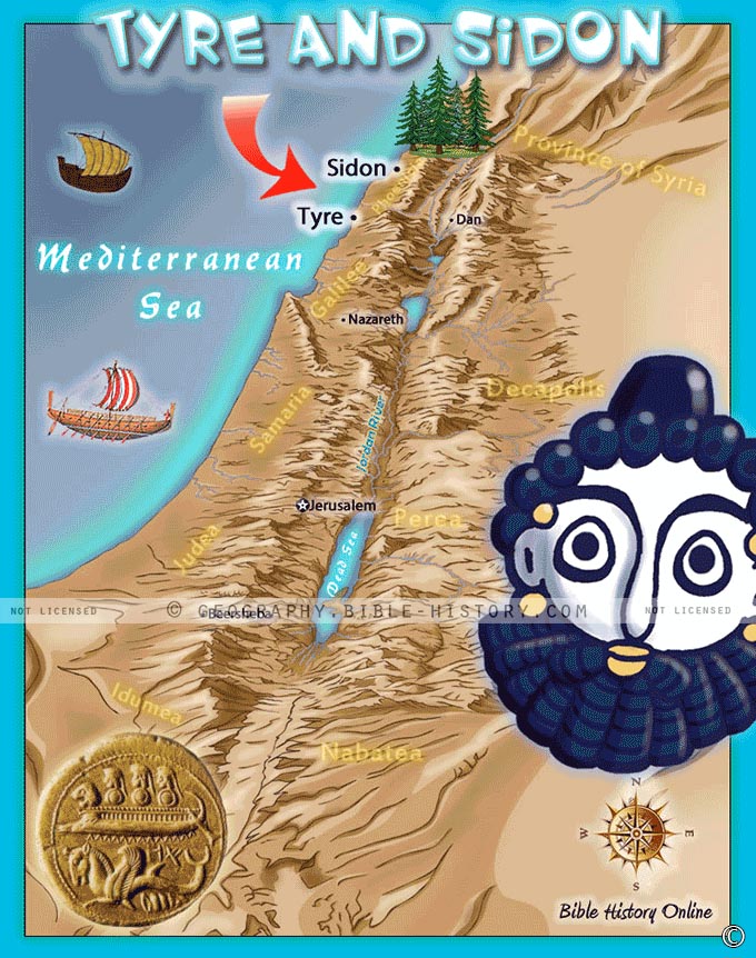 Map of the famous Phoenician cities Tyre and Sidon from the Bible.